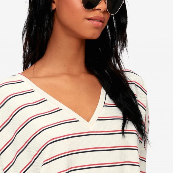 Lulus Starting Line Striped Oversized V-Neck Tee - Picture 2 of 10